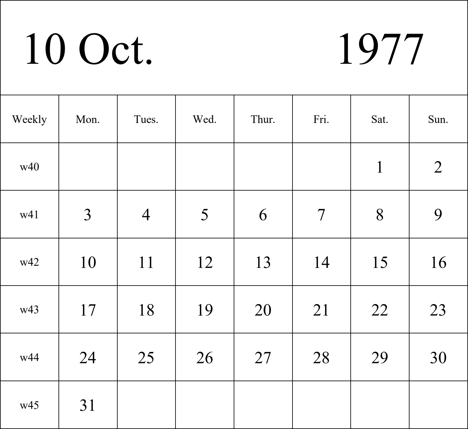 日历表1977年日历 英文版 纵向排版 周一开始 带周数